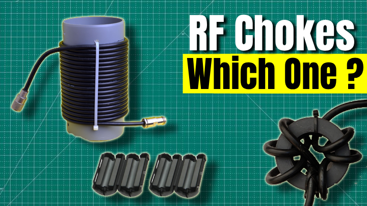 RF chokes using coiled coax, ferrite beads, and sleeve chokes on coax feedline