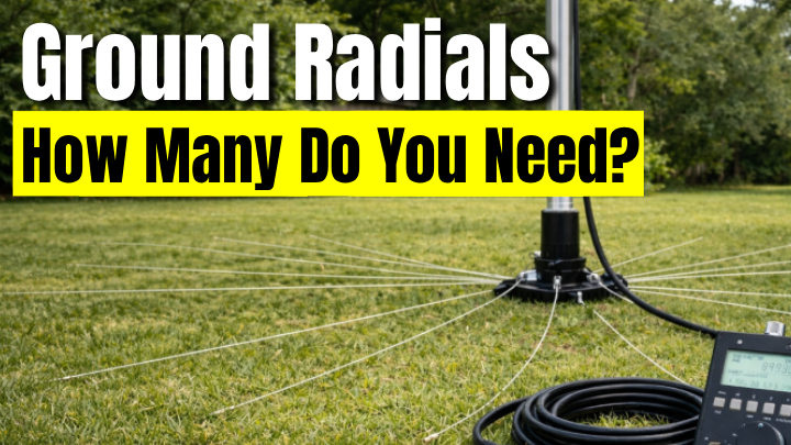 Simple diagram of a vertical antenna with ground plane, radials, and counterpoise connections